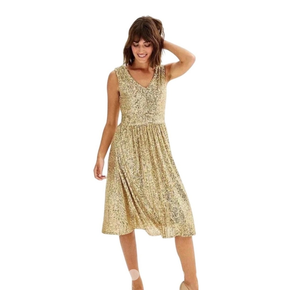 Draper James RSVP Gold Sequin V-Neck Fit and Flare Midi Dress Pockets Size 8
